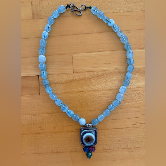 Elegant evil eye aquamarine ruby emerald lapis and silver Necklace